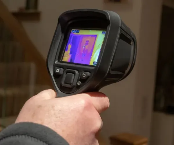 A male surveyor using a handheld infrared thermal camera, to inspect the interior of a domestic home, looking for heat anomalies. The camera viewfinder shows a coloured thermal image with varying temperature ranges.